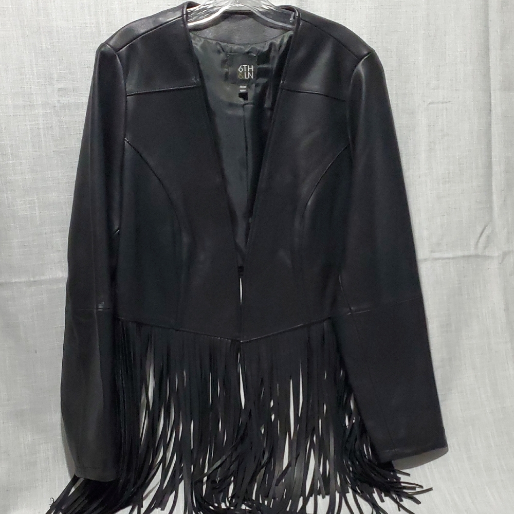 Lane Bryant 6th & Ln Black Leather Fringe Jacket